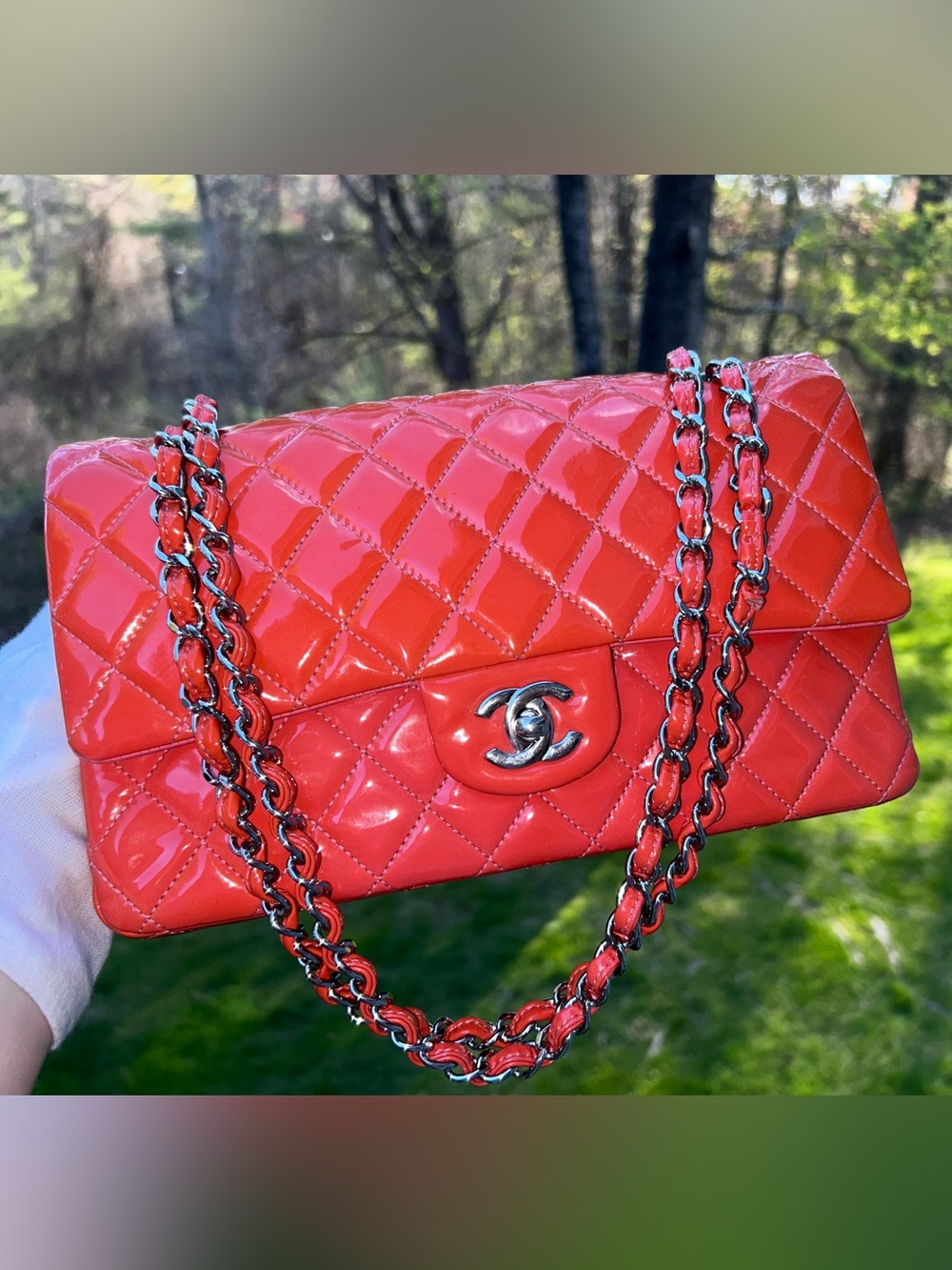 CHANEL Medium Classic Double Flap Patent Leather Quilted Handbag Coral Pink